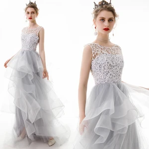 Classy Silver Prom Dresses 2020 A Line Princess Scoop Neck Lace Sequins Sleeveless Cascading Ruffles Sweep Train Formal Dresses