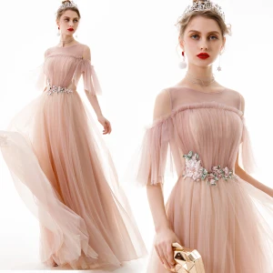Classy Pearl Pink Evening Dresses 2020 A Line Princess Scoop Neck Lace Flower Appliques Crystal Short Sleeve Backless Floor Length Long Formal Dresses