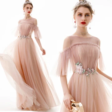 Chic Perle Rose Robe De Soirée 2020 Princesse Encolure Dégagée En Dentelle Fleur Appliques Cristal Manches Courtes Dos Nu Longue Robe De Ceremonie