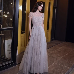 Charming Silver Evening Dresses 2020 A Line Princess Square Neckline Pearl Sequins Sleeveless Backless Floor Length Long Formal Dresses