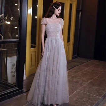 Charmant Argenté Robe De Soirée 2020 Princesse Encolure Carrée Perle Paillettes Sans Manches Dos Nu Longue Robe De Ceremonie
