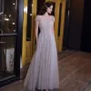 Charmant Argenté Robe De Soirée 2020 Princesse Encolure Carrée Perle Paillettes Sans Manches Dos Nu Longue Robe De Ceremonie