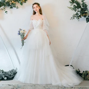Charming Ivory Wedding Dresses 2020 A Line Princess Off The Shoulder Appliques Lace Flower Pearl Short Sleeve Backless Sweep Train