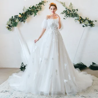 Charming Ivory Wedding Dresses 2020 A Line Princess Off The Shoulder Lace Flower Appliques Short Sleeve Backless Chapel Train