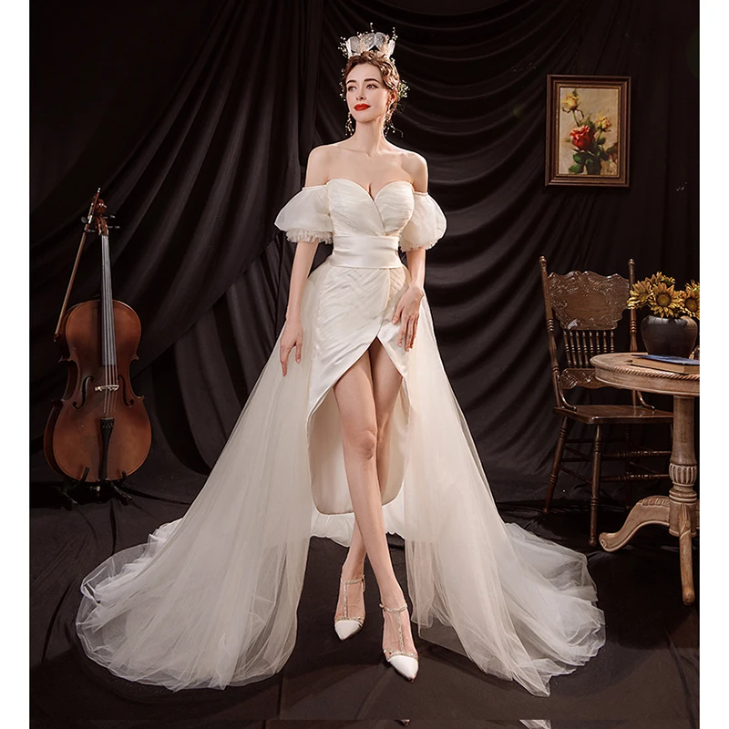 Sexy High Low Ivory Satin Beach Wedding Dresses 2021 Asymmetrical Off The  Shoulder Short Sleeve Backless Bow Wedding
