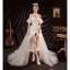 Sexy Hohes Niedriges Ivory / Creme Satin Strand Brautkleider / Hochzeitskleider 2021 Asymmetrisch Off Shoulder Kurze Ärmel Rückenfreies Schleife Hochzeit