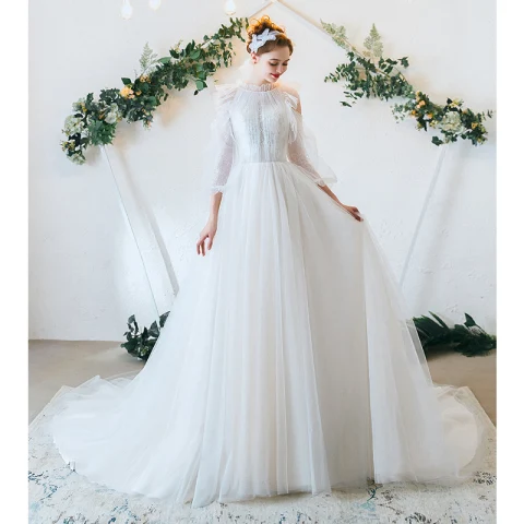 Eleganckie Kość Słoniowa Suknie Ślubne 2020 Princessa Wzburzyć Wycięciem Z Koronki Kwiat 3/4 Rękawy Bez Pleców Trenem Sąd