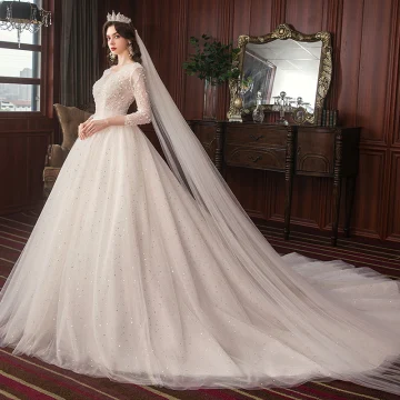 Chic Ivoire Robe De Mariée 2020 Princesse En Dentelle Perlage Étoile Paillettes Perle V Cou Dos Nu 3 4 Manches Cathedral Train