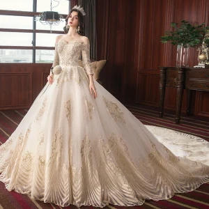 Charming Champagne Wedding Dresses 2020 A Line Princess Off The Shoulder Beading Sequins Lace Pearl 3 4 Sleeve Backless Cathedral Train