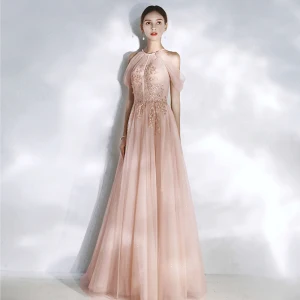 Chic Belle Perle Rose Robe De Soirée 2020 Princesse Encolure Dégagée Perlage Perle En Dentelle Fleur Paillettes Sans Manches Dos Nu Longue Robe De Ceremonie