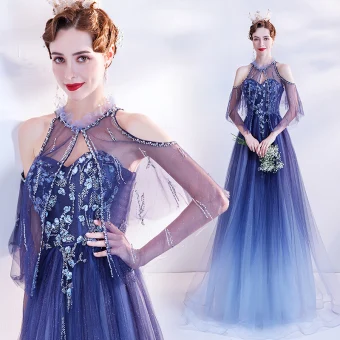 Charmant Océan Bleu Robe De Bal 2021 Princesse Encolure Dégagée Perlage Cristal Paillettes Longue Manches Courtes Dos Nu Promo Robe De Ceremonie
