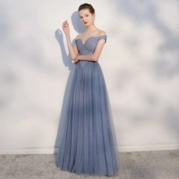 Chic Belle Océan Bleu Robe De Bal 2018 Princesse Dos Nu Perlage Cristal De L Épaule Sans Manches Longue Robe De Ceremonie