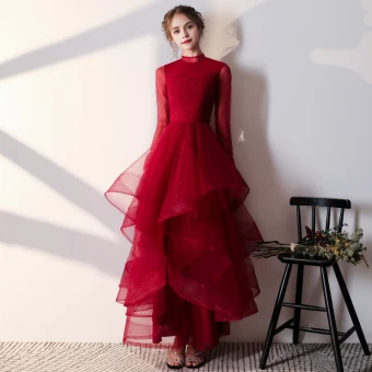 Vintage Originale Musulmane Bordeaux Robe De Soirée 2020 Princesse Col Haut Paillettes Manches Longues Dos Nu Volants En Cascade Longue Robe De Ceremonie