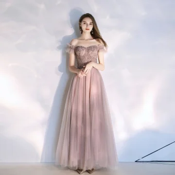 Classy Blushing Pink Evening Dresses 2020 A Line Princess Off The Shoulder Beading Crystal Pearl Sleeveless Backless Floor Length Long Formal Dresses