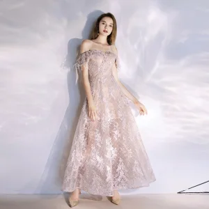 Charmant Rougissant Rose Robe De Soirée 2020 Princesse De L 039 Épaule Gland En Dentelle Fleur Sans Manches Dos Nu Longueur Cheville Robe De Ceremonie