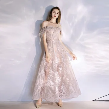 Charmant Rougissant Rose Robe De Soirée 2020 Princesse De L 039 Épaule Gland En Dentelle Fleur Sans Manches Dos Nu Longueur Cheville Robe De Ceremonie