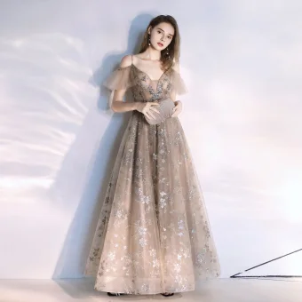 Mode Kaki Robe De Soirée 2020 Princesse Bretelles Spaghetti Perlage Cristal En Dentelle Paillettes Manches Courtes Dos Nu Longue Robe De Ceremonie