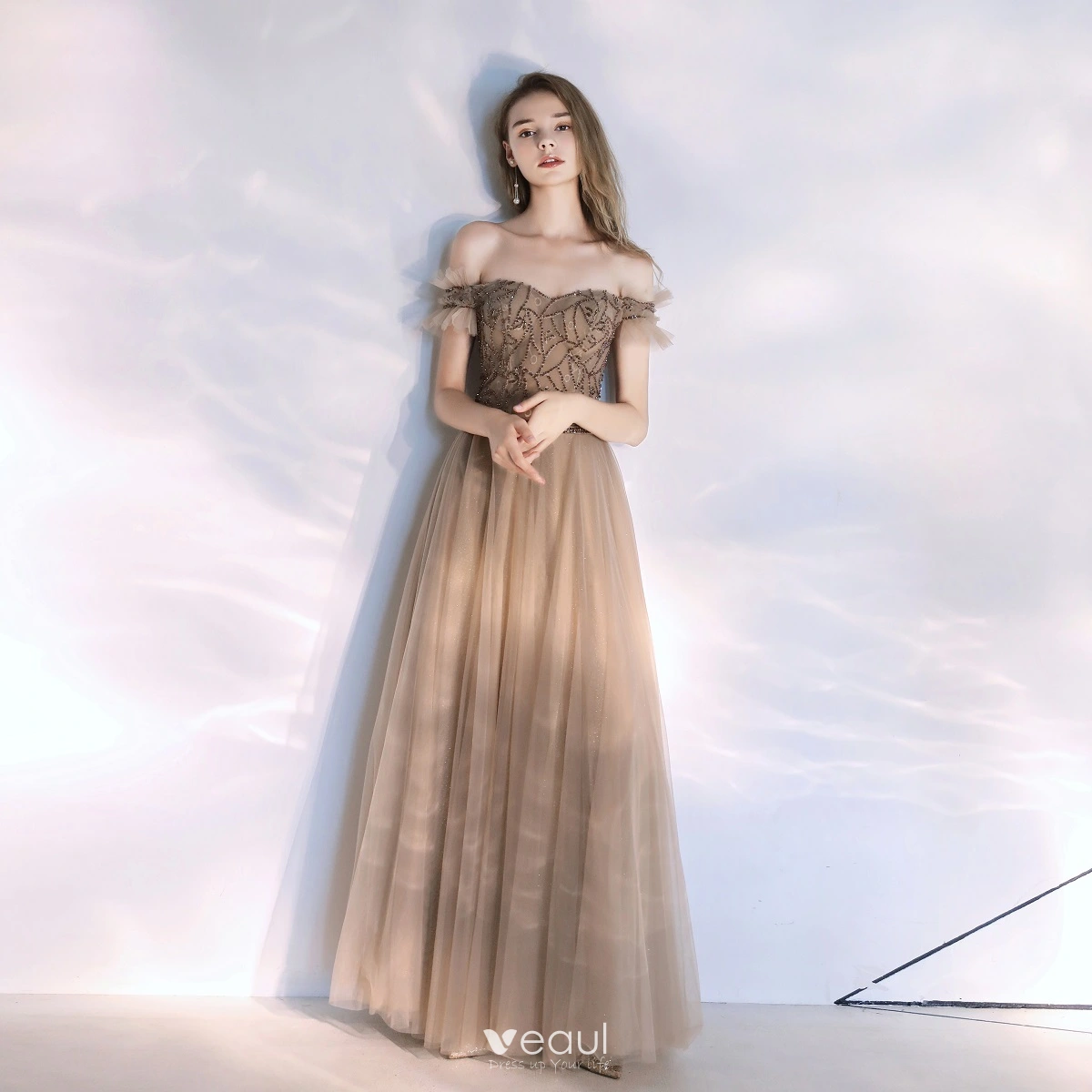 Classy Champagne Evening Dresses 2020 A-Line / Princess Off-The-Shoulder Beading Crystal Sleeveless Backless Floor-Length / Long Formal Dresses