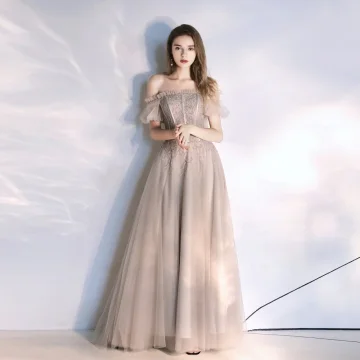 Classique Beige Robe De Soirée 2020 Princesse De L 039 Épaule Perlage En Dentelle Paillettes Manches Courtes Dos Nu Train De Balayage Robe De Ceremonie