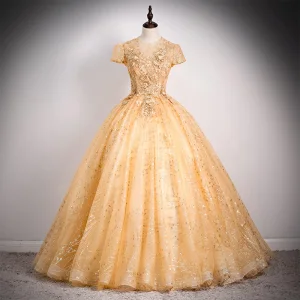 High End Gold Prom Dresses 2020 A Line Princess Scoop Neck Beading Sequins Pearl Lace Flower Cap Sleeves Backless Floor Length Long Formal Dresses