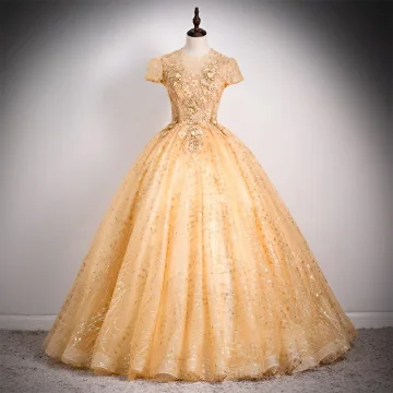 Haut De Gamme Doré Robe De Bal 2020 Princesse Encolure Dégagée Perlage Paillettes Perle En Dentelle Fleur Mancherons Dos Nu Longue Robe De Ceremonie
