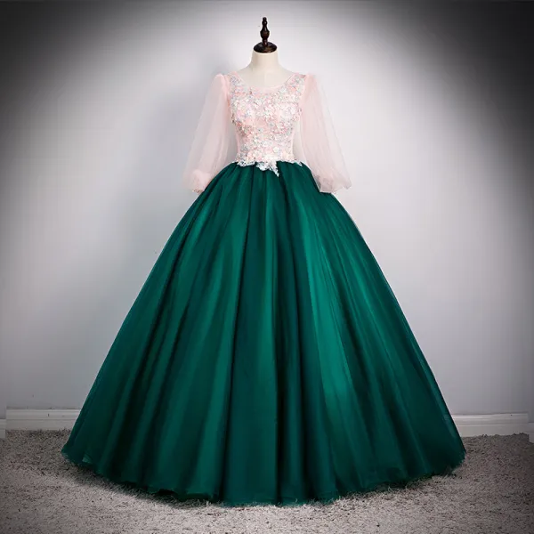 Elegant Dark Green Prom Dresses 2020 Ball Gown Scoop Neck Beading Rhinestone Appliques Lace Flower 3/4 Sleeve Backless Floor-Length / Long Formal Dresses