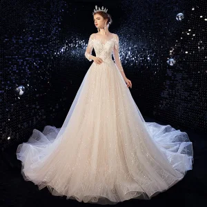 Charming Champagne Wedding Dresses 2020 A Line Princess Scoop Neck Beading Sequins Lace Flower 3 4 Sleeve Backless Court Train