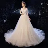 Charming Champagne Wedding Dresses 2020 A-Line / Princess Scoop Neck Beading Sequins Lace Flower 3/4 Sleeve Backless Court Train
