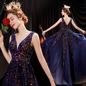 Sparkly Navy Blue Multi Colors Sequins Prom Dresses 2021 A Line Princess V Neck Sleeveless Backless Floor Length Long Formal Dresses