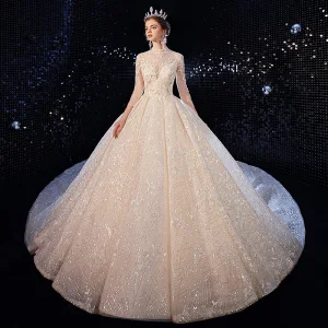 Lyx Champagne Bröllopsklänningar 2020 Balklänning Hög Hals Paljetter Spets Blomma Appliqués 3 4 Ärm Halterneck Royal Train