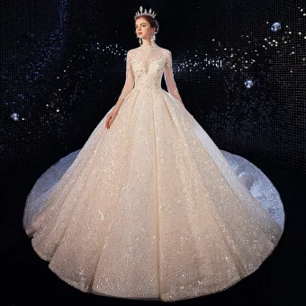 Luxe Champagne Trouwjurken 2020 Baljurk Hoge Kraag Pailletten Kant Bloem Appliques 3 4 Mouwen Ruglooze Royal Train