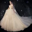 Luxury / Gorgeous Champagne Wedding Dresses 2020 Ball Gown Strapless Beading Lace Flower Sequins Sleeveless Backless Cascading Ruffles Royal Train