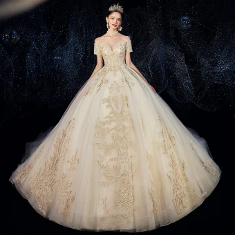 Luxury Gorgeous Champagne Wedding Dresses 2020 Ball Gown Off The Shoulder Beading Sequins Lace Flower Short Sleeve Backless Royal Train
