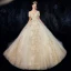 Luxury / Gorgeous Champagne Wedding Dresses 2020 Ball Gown Off-The-Shoulder Beading Sequins Lace Flower Short Sleeve Backless Royal Train