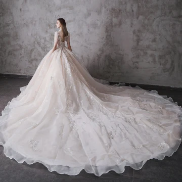 High End Champagne Bröllopsklänningar 2020 Balklänning Hög Hals Beading Paljetter Spets Blomma Korta Ärm Halterneck Royal Train