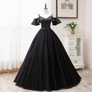 Simple Couleur Unie Noire Robe De Bal 2019 Princesse Bretelles Spaghetti Manches Courtes Dos Nu En Dentelle Longue Robe De Ceremonie