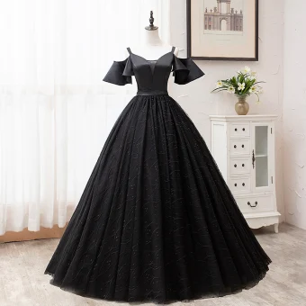 Simple Couleur Unie Noire Robe De Bal 2019 Princesse Bretelles Spaghetti Manches Courtes Dos Nu En Dentelle Longue Robe De Ceremonie