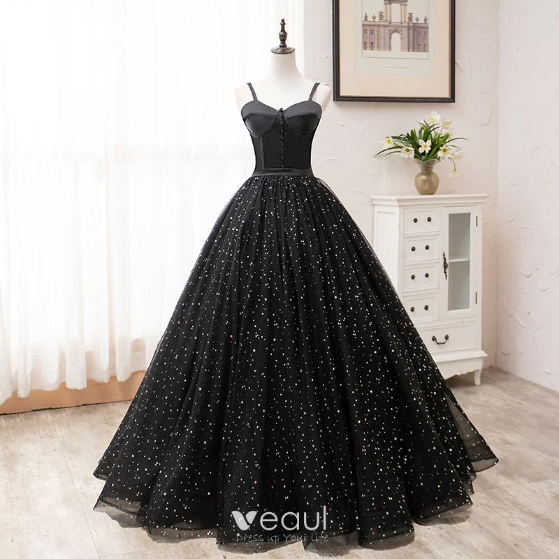 Elegant Black Prom Dresses 2020 A Line Princess Spaghetti Straps Star Sequins Sleeveless Backless Floor Length Long Formal Dresses
