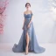 Fashion Sky Blue Evening Dresses  2020 A-Line / Princess Off-The-Shoulder Beading Crystal Glitter Appliques Sleeveless Backless Sweep Train Formal Dresses