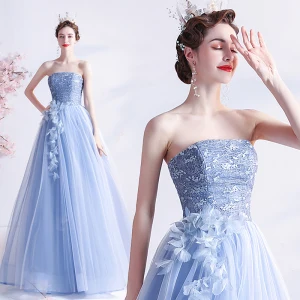 Moderne Mode Bleu Ciel En Dentelle Fleur Robe De Bal Dos Nu 2021 Princesse Bustier Sans Manches Longue Robe De Ceremonie