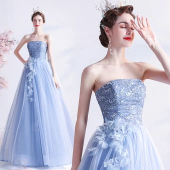 Modern Fashion Sky Blue Lace Flower Prom Dresses Backless 2021 A Line Princess Strapless Sleeveless Floor Length Long Formal Dresses