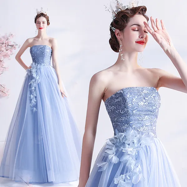 Modern / Fashion Sky Blue Lace Flower Prom Dresses Backless 2021 A-Line / Princess Strapless Sleeveless Floor-Length / Long Formal Dresses