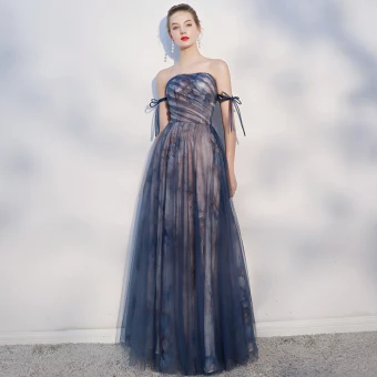 Elegant Navy Blue Evening Dresses 2018 A Line Princess Bow Backless Strapless Sleeveless Floor Length Long Formal Dresses