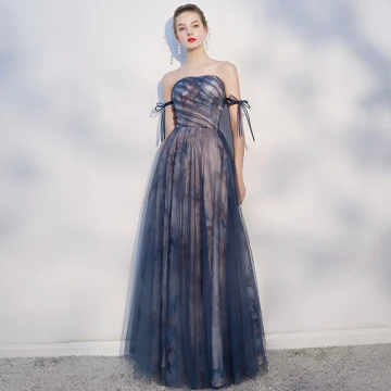 Élégant Bleu Marine Robe De Soirée 2018 Princesse Noeud Dos Nu Bustier Sans Manches Longue Robe De Ceremonie