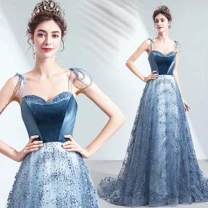 Charming Ocean Blue Evening Dresses 2020 A Line Princess Suede Spaghetti Straps Beading Crystal Glitter Sequins Sleeveless Backless Court Train Formal Dresses