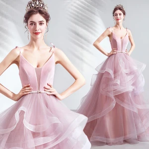 Chic Beautiful Candy Pink Evening Dresses 2020 Ball Gown Suede Spaghetti Straps Pearl Rhinestone Bow Sash Sleeveless Backless Chapel Train Cascading Ruffles Formal Dresses