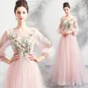 Flower Fairy Blushing Pink Prom Dresses 2020 A-Line / Princess Scoop Neck Lace Flower Appliques 3/4 Sleeve Backless Court Train Formal Dresses