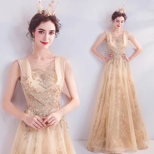 Charmant Doré Robe De Soirée 2020 Princesse Encolure Dégagée Faux Diamant Glitter Paillettes Sans Manches Dos Nu Longue Robe De Ceremonie