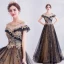 Haut de Gamme Noire Doré Robe De Soirée 2020 Princesse Encolure Dégagée Perlage Cristal Paillettes En Dentelle Fleur Manches Courtes Dos Nu Longue