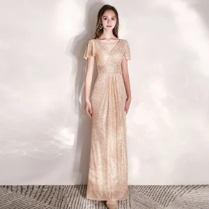 Sparkly Champagne Evening Dresses 2019 A Line Princess V Neck Sequins Short Sleeve Floor Length Long Formal Dresses
